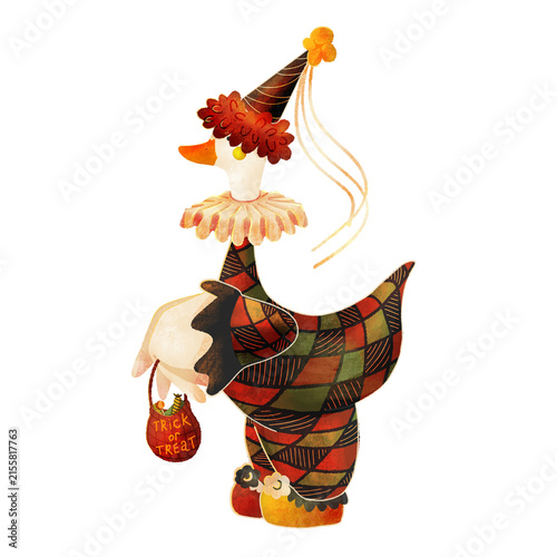 Quadro su tela Cute Halloween Pierrot Goose in Clown Costume Holding Trick or Treat Bag Isolate