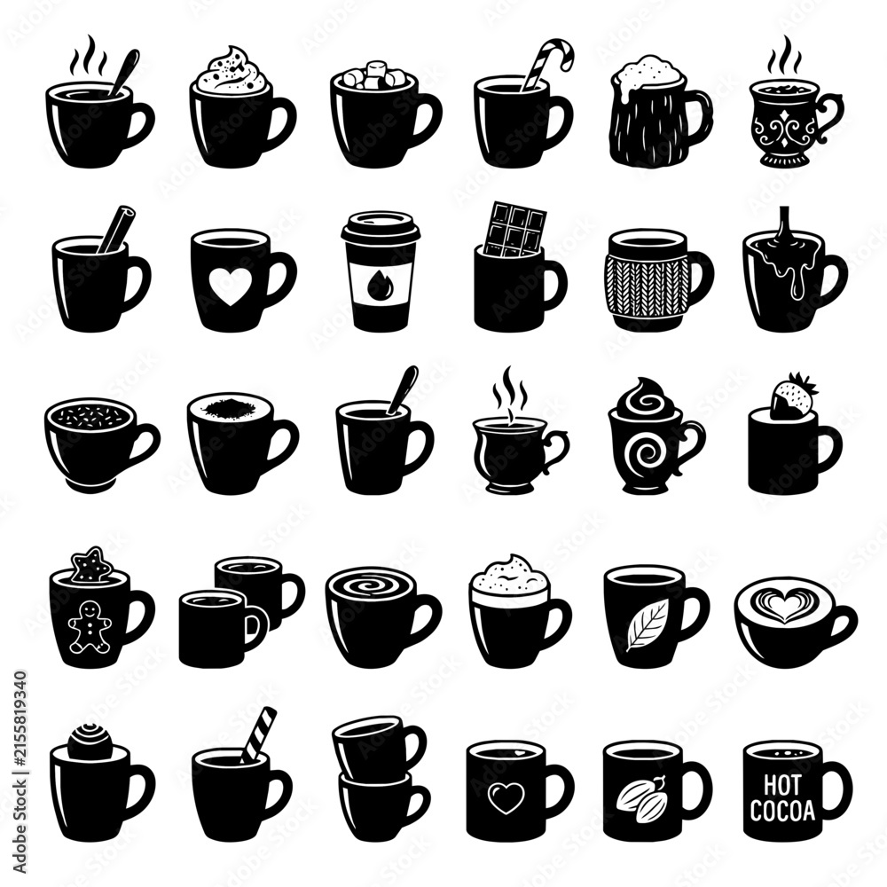Fototapeta premium Set of Hot Drink Mugs and Coffee Cups Vector Icons