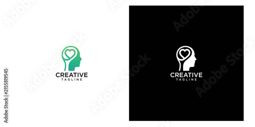 Creative human head logo design template featuring a brain and heart concept in green and white color variations
