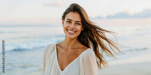 Radiant young woman with long flowing wavy hair smiling brightly, enjoying a peaceful summer afternoon at the sand beach, ocean, sea during a beautiful golden hour evening sunset, portrait in nature