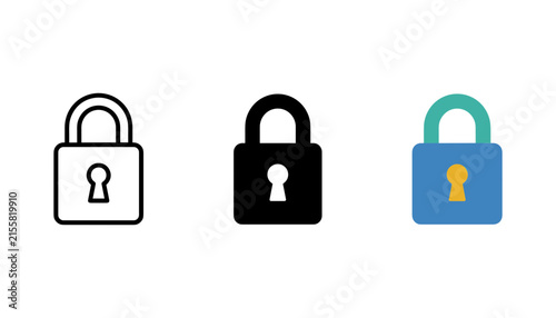 Set of three padlock icons in different styles, including outline, solid black, and colorful flat design