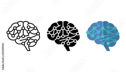 Set of human brain icons with neural network connections