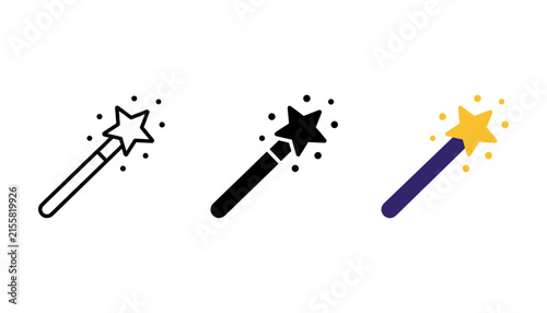 Set of magic wand icons in three different styles outline, solid, and colored, representing enchantment and creativity