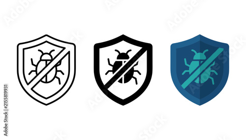 Set of bug protection shield icons, antivirus software concept, vector illustration