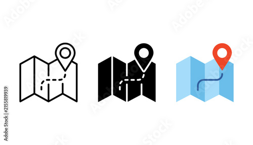 Set of map icons with location pin and route path, vector illustration of folded map with navigation marker