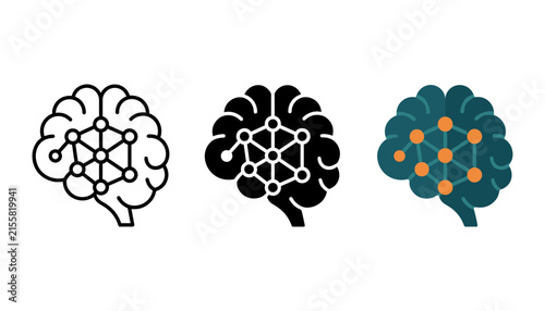 Set of human brain icons with neural network connection inside, artificial intelligence concept, vector illustration