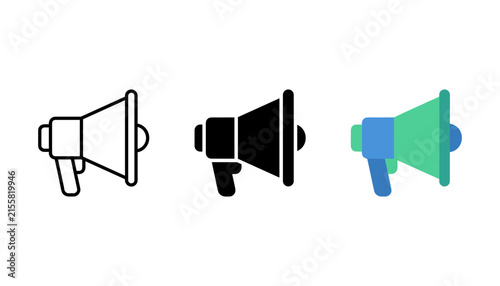 Set of megaphone icons, including outline, solid, and colored versions, representing communication, announcement, and marketing concepts