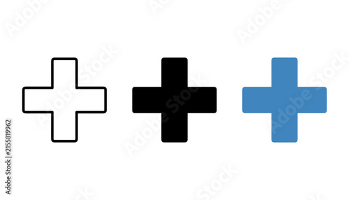 Set of three plus sign icons in different styles, including outline, solid black, and solid blue