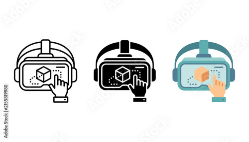 Virtual reality headset icon set, vr glasses with 3d cube and hand gesture, digital technology and immersive experience symbols