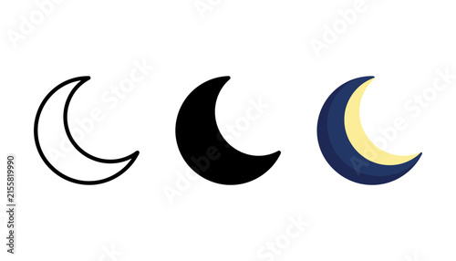 Set of three crescent moon icons in different styles, including outline, solid black, and colored design
