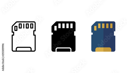 Set of sd card icons in outline, solid, and flat styles, representing digital storage and data memory devices