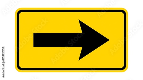 Black arrow pointing right on a rectangular yellow traffic road sign for navigation and highway travel direction