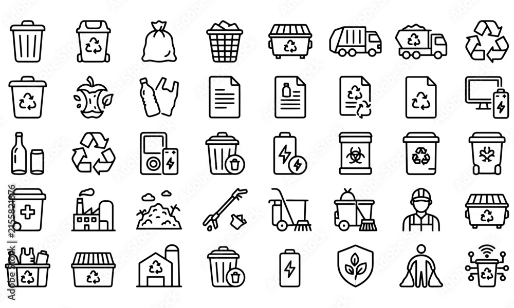 Fototapeta premium Set of black and white line icons representing waste management recycling and environmental sustainability vector illustration