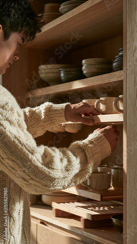 Woman organizing dishes and tableware on open kitchen shelves