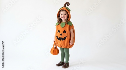 Adorable Pumpkin Tot: A sweet little girl in a charming pumpkin costume, complete with a matching treat bag, beams with festive spirit, ready for Halloween fun and trick-or-treating.