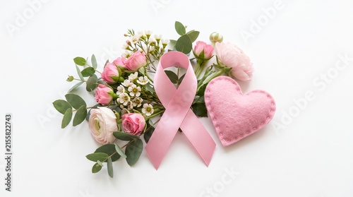 A Symbol of Hope and Resilience: A delicate arrangement of soft pink roses, eucalyptus leaves, and a blooming ranunculus surrounds a pink ribbon and a felt heart, signifying awareness, support.
