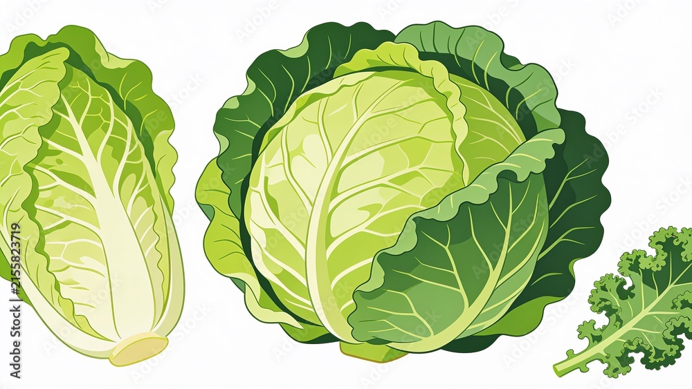 Fototapeta premium Vibrant illustration of fresh cabbage leaves and green stems isolated on white background