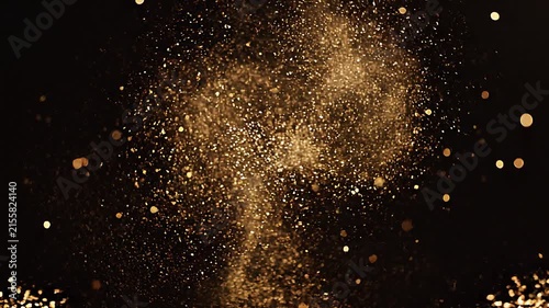 Golden Dust Exploding Against Black Background, Abstract Party Effect