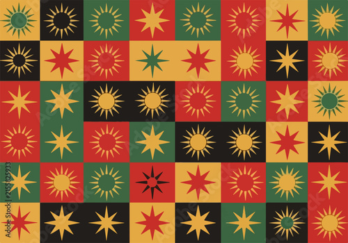 Flat vector geometric pattern with sunbursts in Pan-African colors