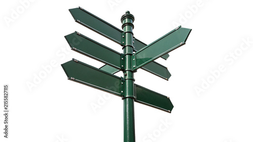 Multi directional green metallic arrow sign post blank isolated on transparent background