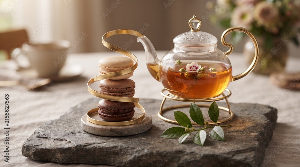 Fototapeta premium Elegant High Tea Setting with Glass Teapot Blooming Herbal Tea and Stacked Macarons in Golden Ribbon Holder