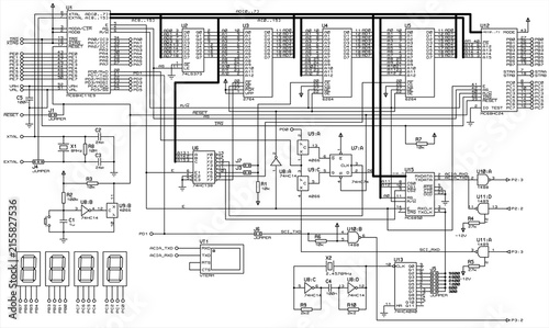 Vector electrical circuit. A complex large electrical circuit of electronic device for data output 
to seven-segment indicators, operating under control of microcontroller.