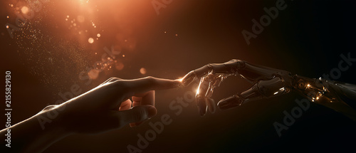 Human and Robot Touch: A symbolic image representing the intersection of humanity and artificial intelligence, as a human finger reaches out to touch a robotic finger, creating a spark of connection.