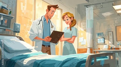 Doctor and Nurse Discuss Patient Care in Hospital Room Setting