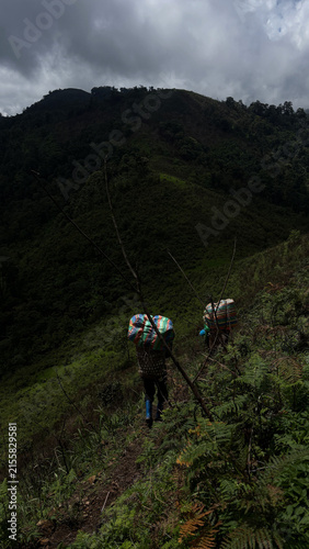 Photography Local porters walking on a narrow dirt ridge trail in lush green mountains under heavy storm clouds, Thailand