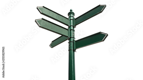 Canvas Print Blank multi directional green traffic signpost pointer isolated on transparent b