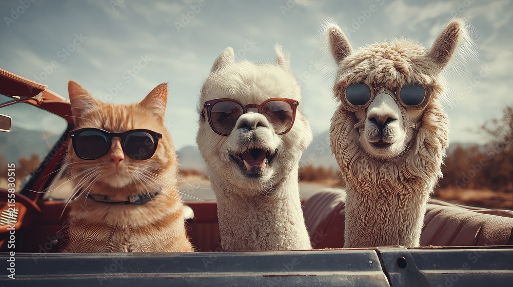 Naklejka premium Cool Cat and Alpacas Wearing Sunglasses in Vintage Convertible