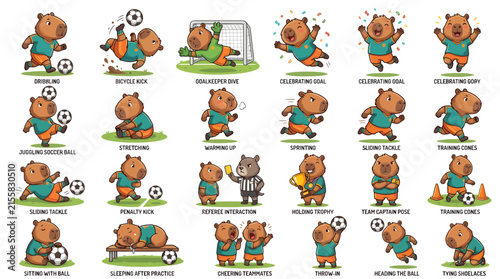 Premium capybara soccer mascot illustrations featuring multiple football poses, actions, and expressions
