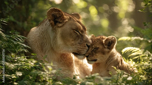 Lioness and cub nuzzling affectionately in lush green foliage tender wildlife moment of maternal love natural habitat background