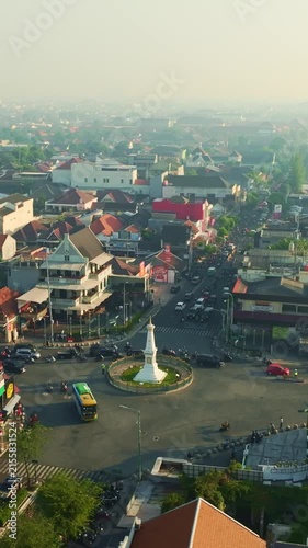 Wide aerial cityscape featuring Tugu Yogyakarta historic landmark