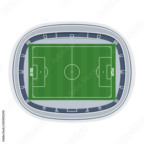 A top down view of a professional soccer stadium with green pitch