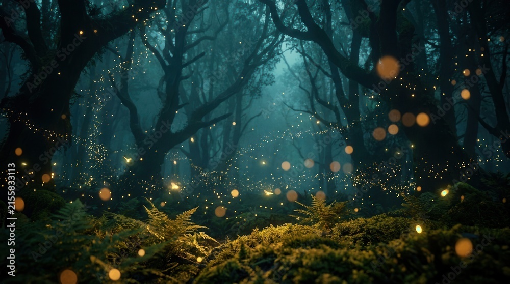 Fototapeta premium Enchanted forest clearing with fireflies and magical creatures celebrating amidst fairy dust
