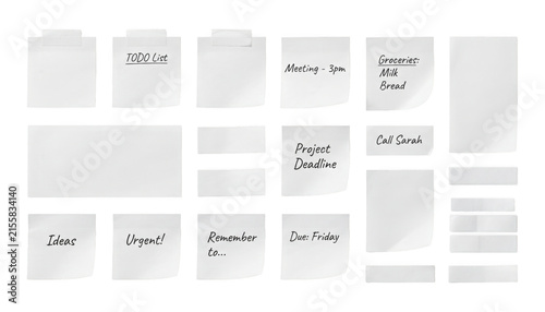 Set of various blank sticky notes and paper labels for office organization