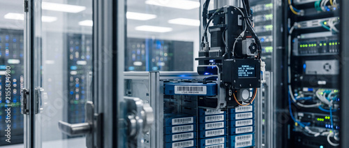 Automated tape library and server racks in modern data center for backup and storage infrastructure