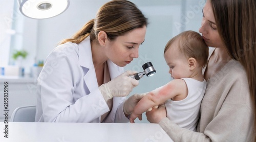 Dermatologist Examining Baby Skin Rash with Mother Present