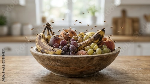 Rotten bananas and grapes in a kitchen fruit bowl causing a pest problem and indoor infestation of swarming fruit flies