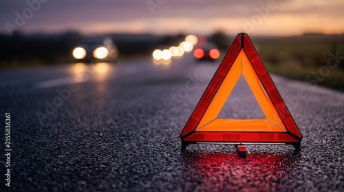 Ensuring safety with a reflective warning triangle active on a wet roadside during sunset after a vehicle breakdown or emergency