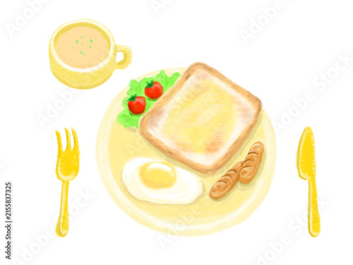 トーストと目玉焼きとウインナー・サラダのスープ付き朝ごはんセットイラスト