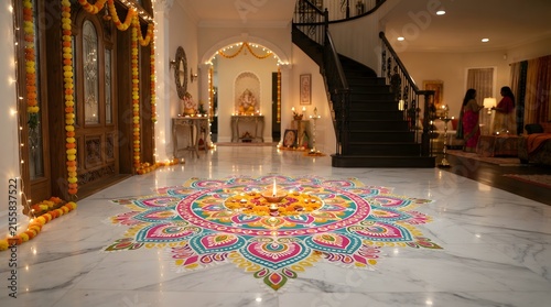 Spacious home interior decorated for diwali with a large colorful rangoli on the marble floor and marigold garlands
