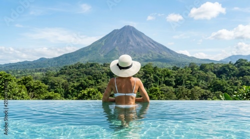 A woman wearing a straw hat relaxes in an infinity pool watching Volcan Arenal during a tropical eco lodge vacation