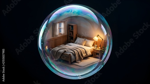 Cozy bedroom interior inside a large iridescent soap bubble