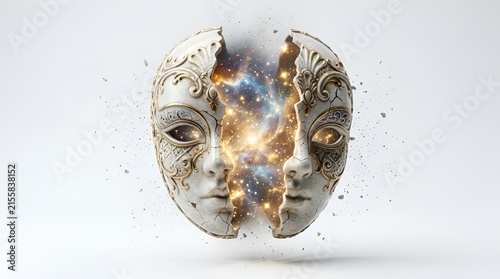 Cracked Venetian mask revealing glowing nebula space inside it