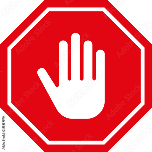 Red warning octagon in PNG format. Warning sign with a raised white hand inside an octagon. Road signs