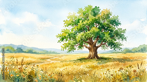 Watercolor Painting of Large Green Tree in Golden Meadow Landscape