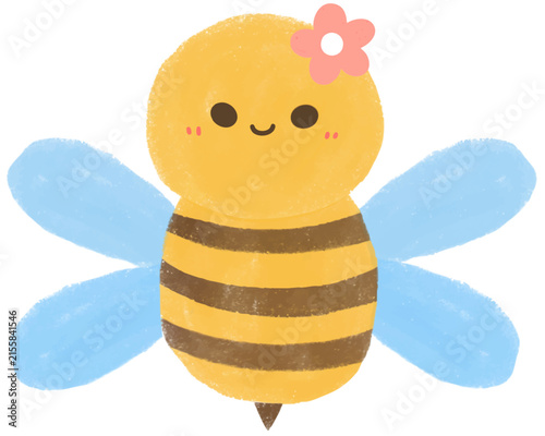 cute bee with pink flower oil pastel style hand drawing