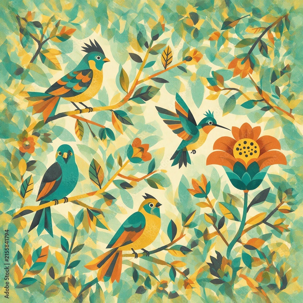 Fototapeta premium Hummingbird and Birds Among Geometric Flowers